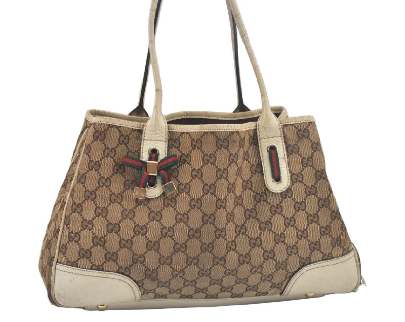 Authentic GUCCI Sherry Line Princy Ribbon Tote Bag GG Canvas 163805 Beige L0479