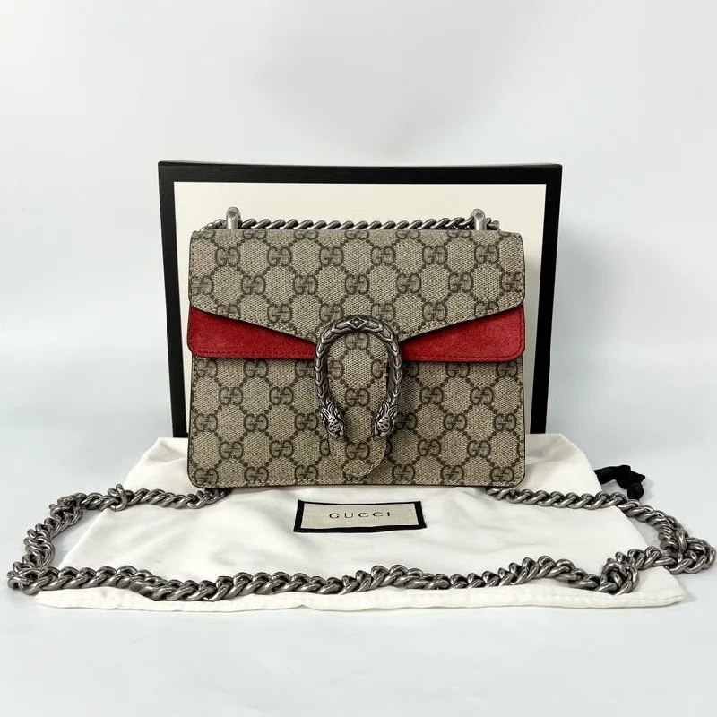 Gucci Dionysus Beige GG Supreme Red Suede Small Shoulder Bag 19x15x5cm