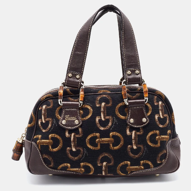 Gucci Brown/Black Horsebit Printed Canvas Bamboo Satchel