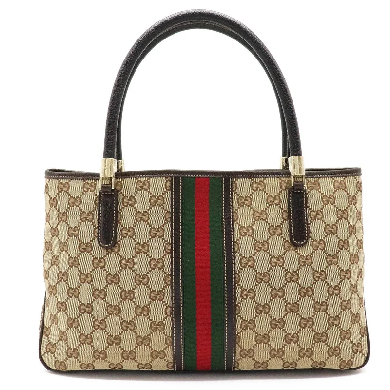 Gucci GG Canvas Sherry Line Tote Bag Shoulder Khaki Beige Dark Brown 161717