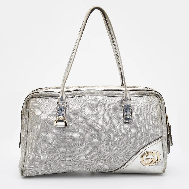 Gucci Silver GG Canvas and Leather New Britt Boston Bag