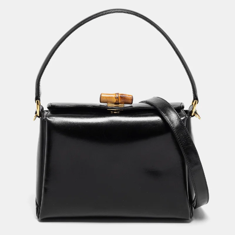 Gucci Black Leather Bamboo Top Handle Bag