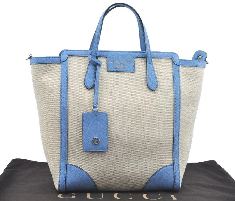 Authentic GUCCI Swing Hand Tote Bag Canvas Leather Beige Light Blue L0451