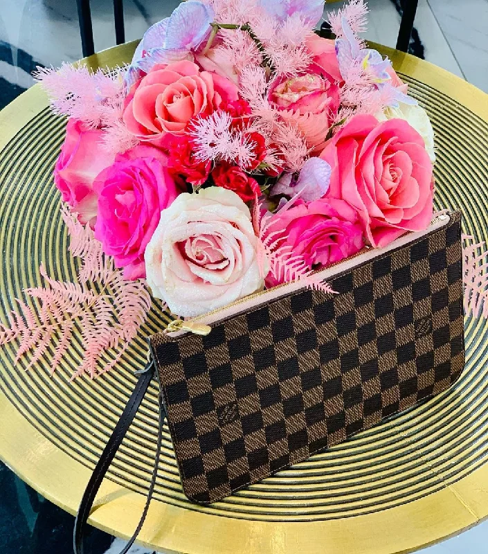 LOUIS VUITTON DAMIER EBENE NEVERFULL MM GM POCHETTE ROSE BALLERINE