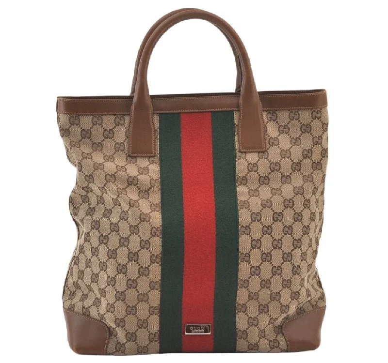 Authentic GUCCI Vintage Web Sherry Line Tote Bag GG Canvas Leather Brown 9536J