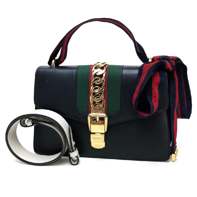 GUCCI Shoulder Bag 421882 leather black Sherry line Silvi Small Ribbon Women Secondhand