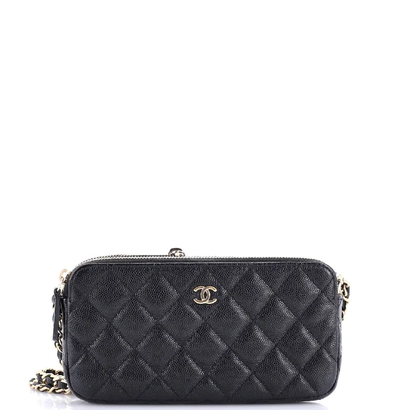 Double Zip Clutch with Chain Quilted Caviar