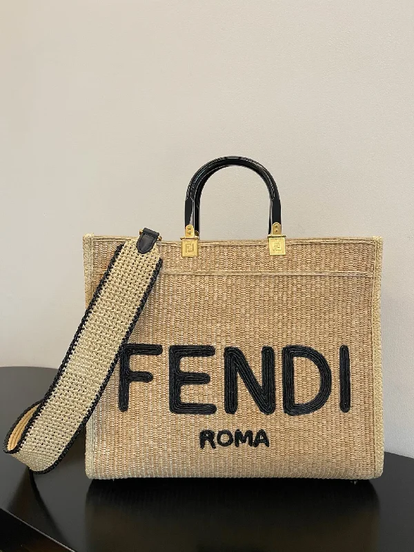 Fendi Sunshine Medium Beige and Black straw shopper Bag