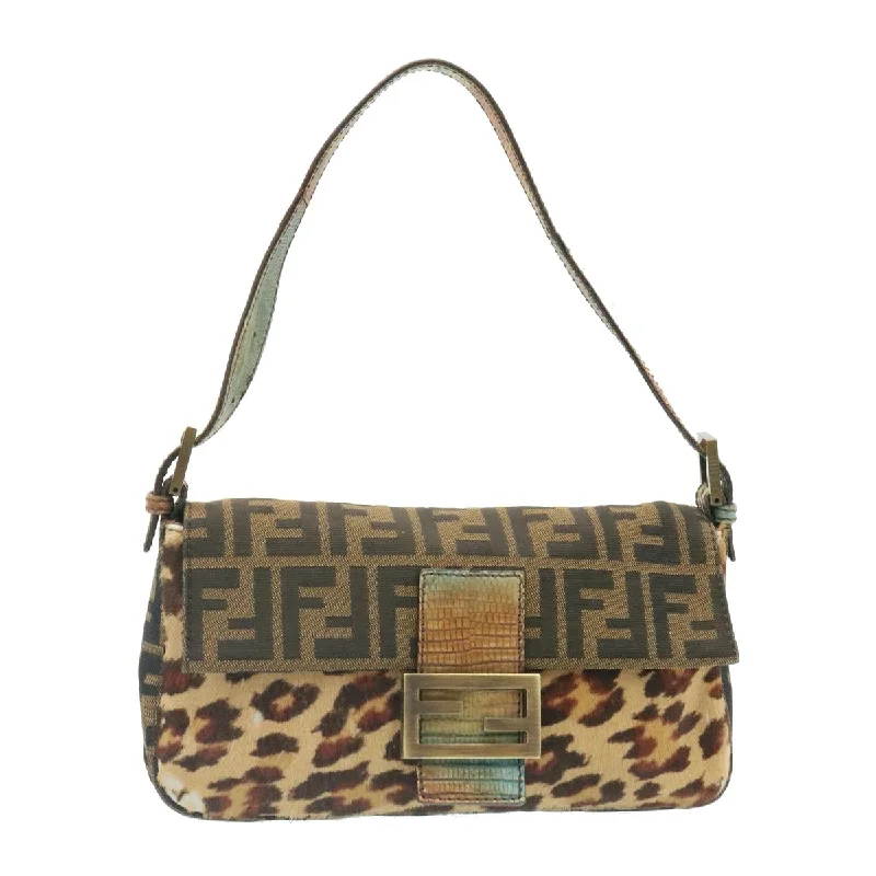 FENDI Zucca Canvas Leopard Mamma Baguette Shoulder Bag Brown Black  am1632gA