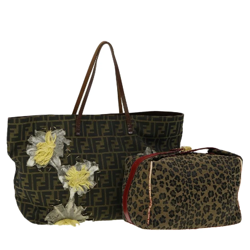 FENDI Zucca Canvas Leopard Flower Tote Bag Hand Bag 2Set Brown Red  30898