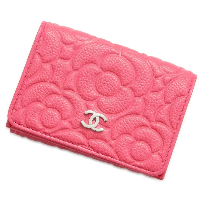 CHANEL Camellia Embossed Flap Tri-Fold Compact Wallet Pink AP0116 Caviar Leather