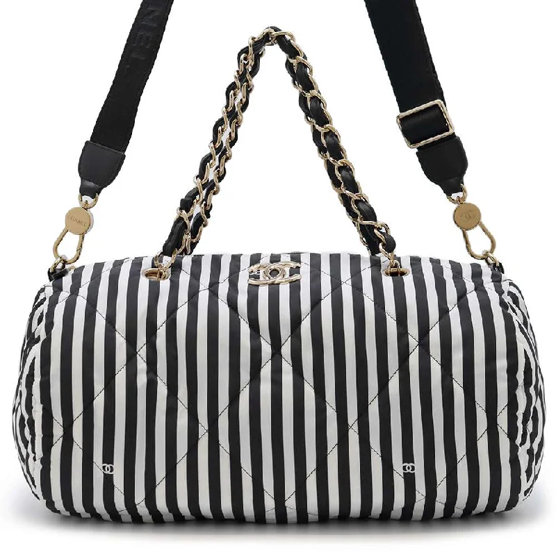 CHANEL Striped 2WAY Bowling Bag White/Black AS4696 Nylon Size Large