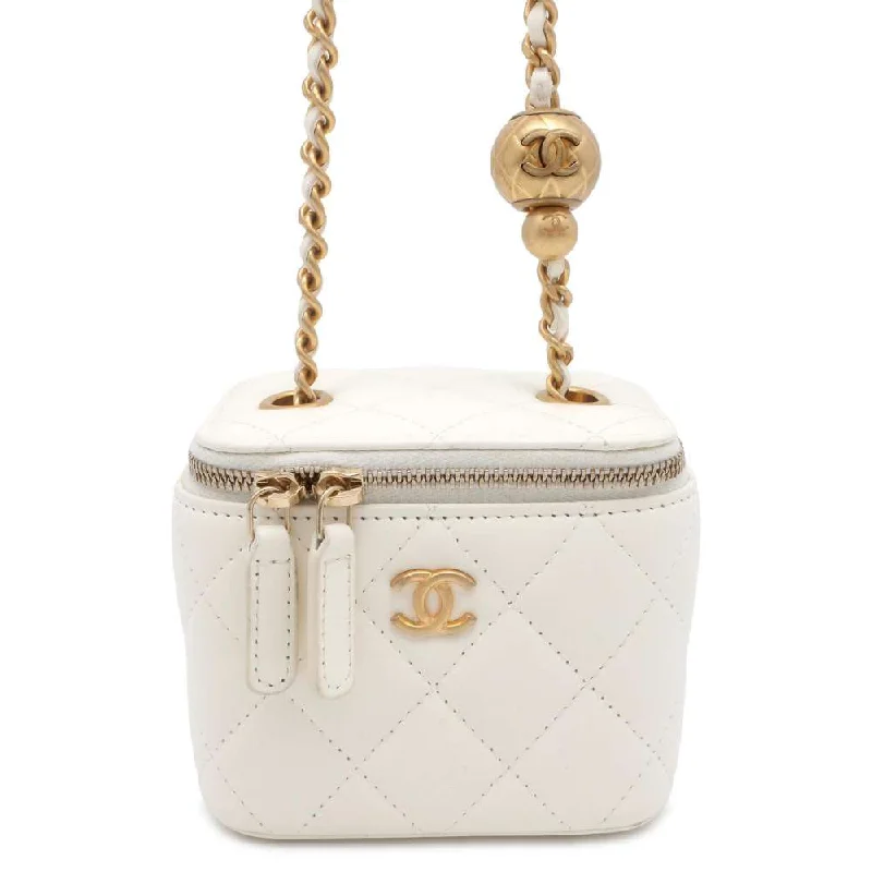 CHANEL Matelasse Ball Chain Shoulder Vanity Bag White AP1447 Lambskin Size Small