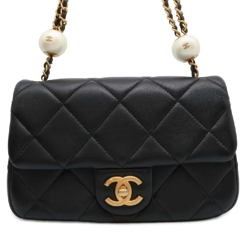 CHANEL Matelasse Pearl Ball Flap Bag Black AS4861 Lambskin Faux Pearl Size Small