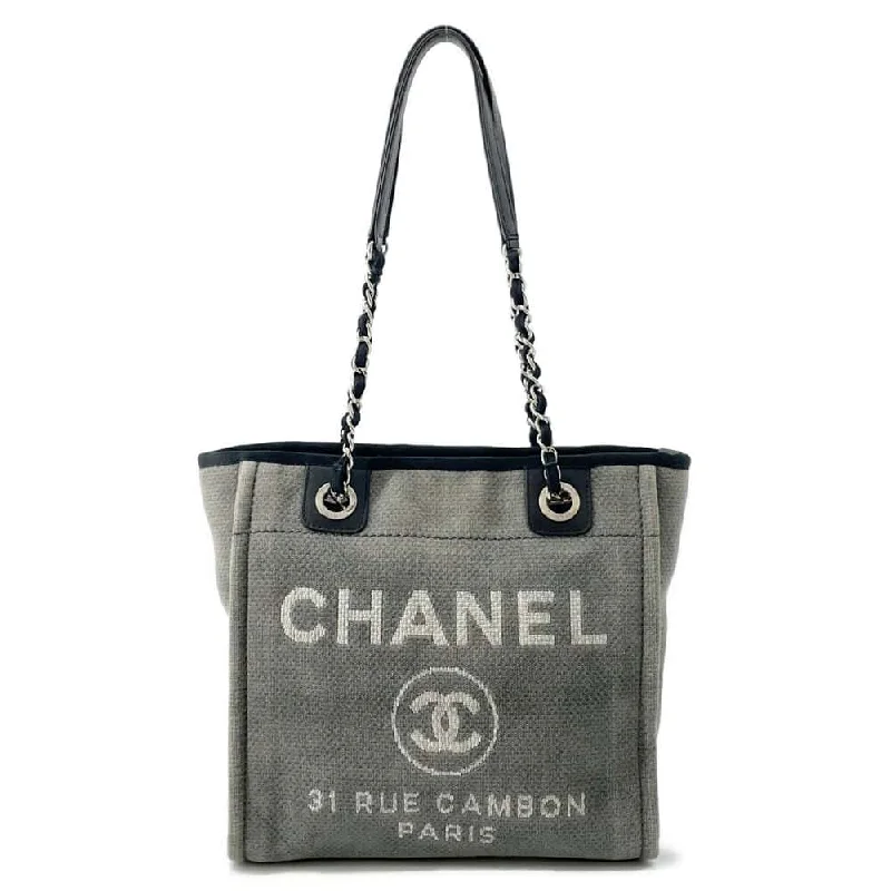 CHANEL Deauville Chain Tote Gray/Black A66939 Canvas Leather Size PM