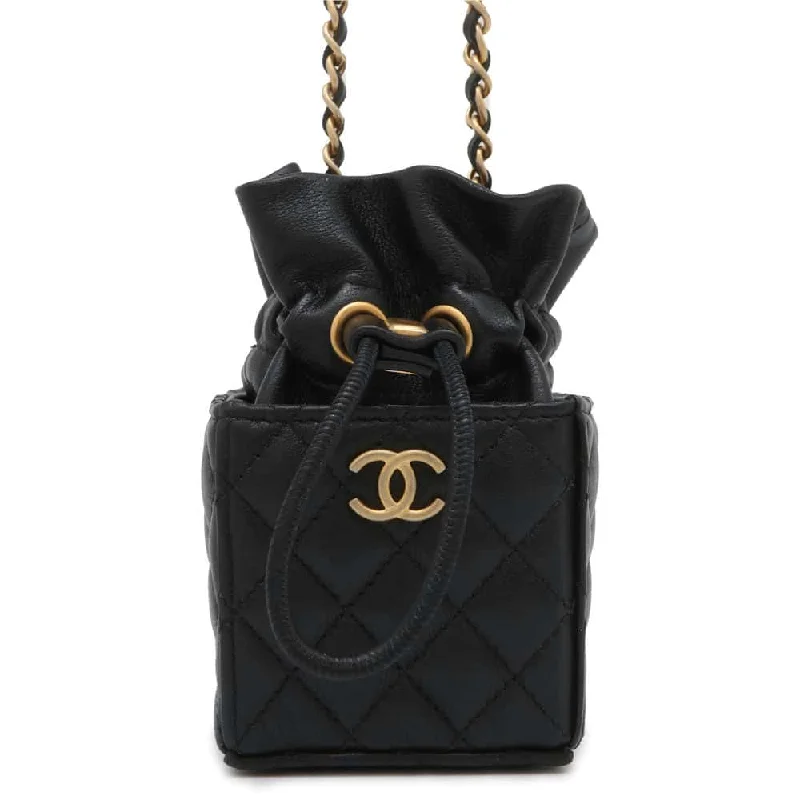 CHANEL Matelasse MiniDrawstring Bag ChainShoulder Bag Black Lambskin