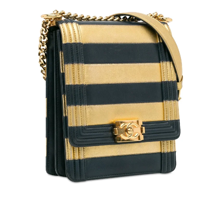 Chanel Metallic Lambskin Striped North South Boy Flap (gdf9Ua)