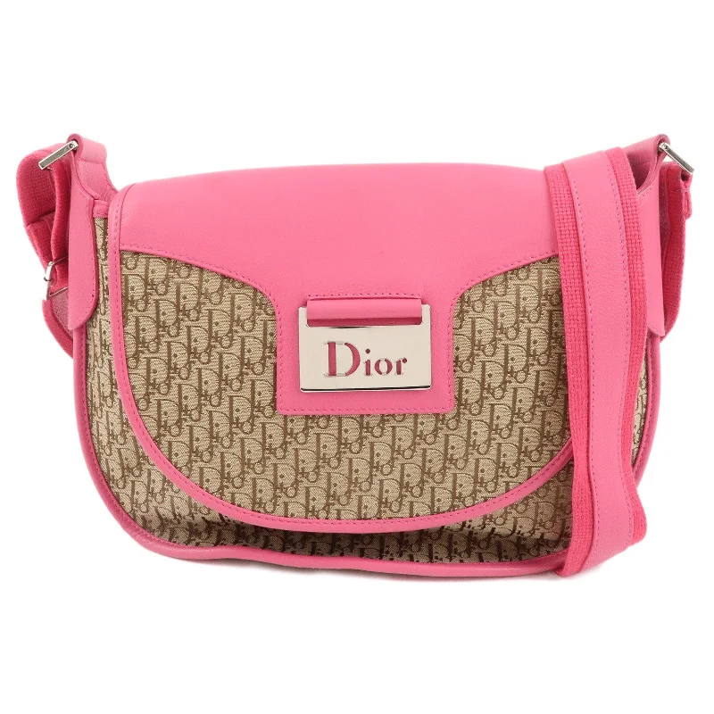 Christian Dior Trotter Canvas Leather Shoulder Bag Beige Pink