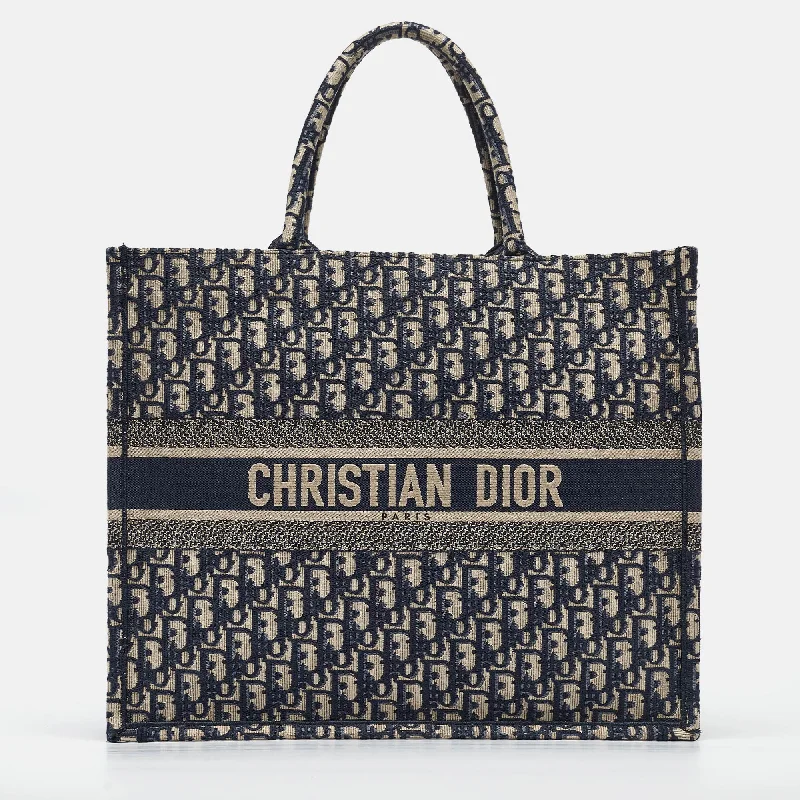 DIOR Navy Blue Oblique Embroidered Canvas Large Book Tote