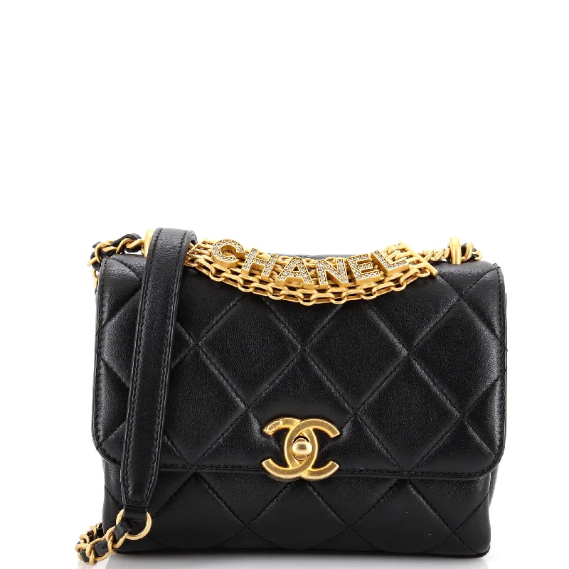 Crystal Logo Letters Chain Handle Flap Bag Quilted Lambskin Mini